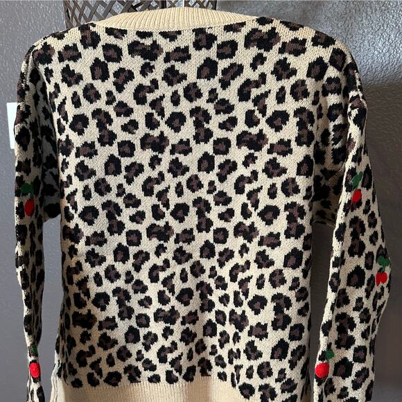 New! Leopard & Embroidered Cherry Crewneck One-Size Sweater Measurements Below - Picture 12 of 16